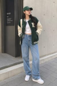 (薄長袖＋寬褲＋棒球外套)